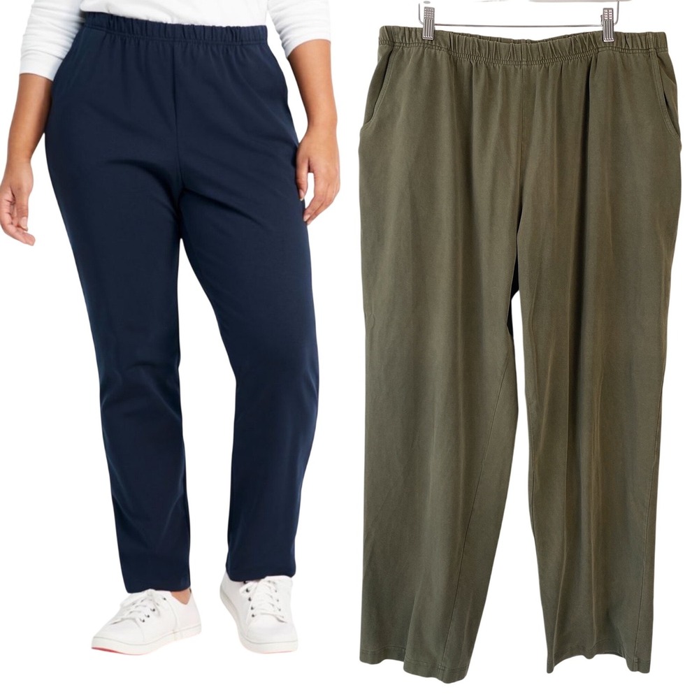 LL Bean Womens Perfect Fit Tapered Leg Pants 2X Olive Green Cotton Pull On